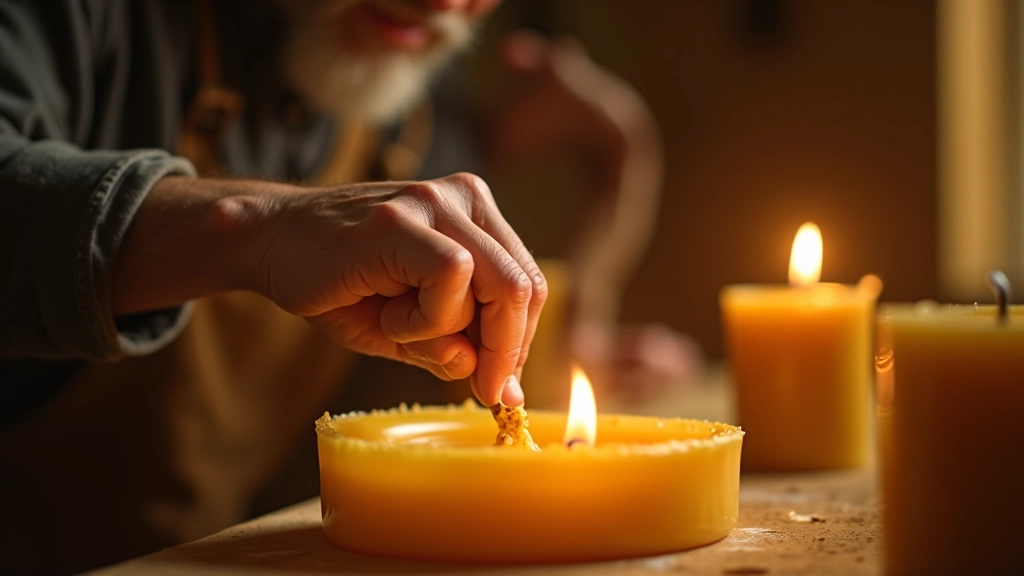 Artisan candle maker pouring beeswax into mold, detailed hand work, warm workshop lighting, craftsmanship in focus