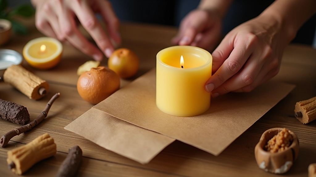 Step-by-step assembly of a beeswax candle gift set showing layering and arrangement process