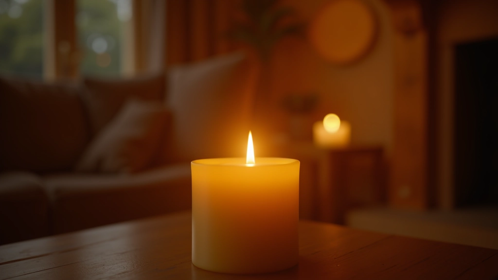 Hand-poured beeswax candle burning with bright, steady flame in cozy living room setting, warm lighting, ambient comfort