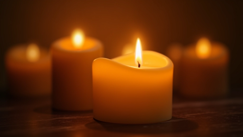 Close-up of a wooden wick candle flame glowing in warm amber tones, wooden wick clearly visible