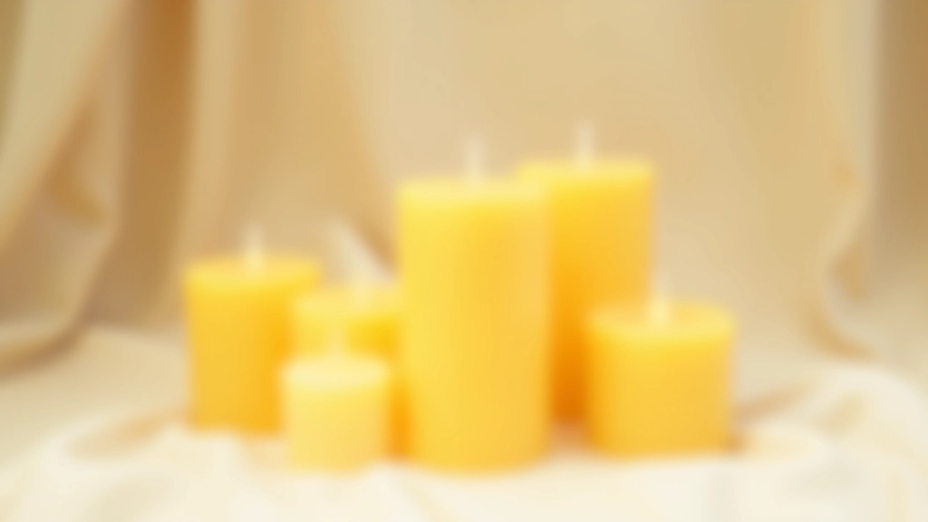 Collection of Czech beeswax pillar candles in various sizes arranged on natural linen cloth