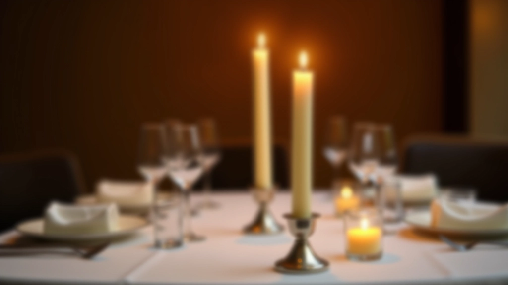Elegant table setting with taper candles in silver candlesticks, white linens, and place settings in warm candlelight