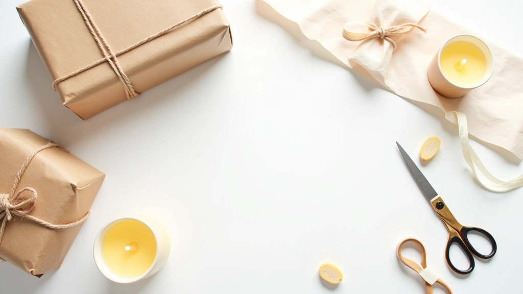 Close-up of quality gift wrapping materials including kraft paper, natural twine, and tissue paper arranged for candle packaging