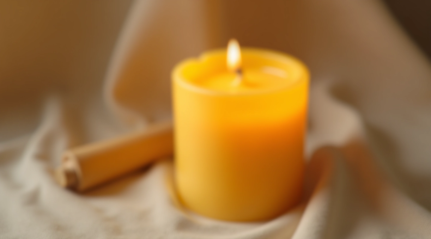 Hand-poured beeswax candle with wooden wick, warm golden glow, natural linen background
