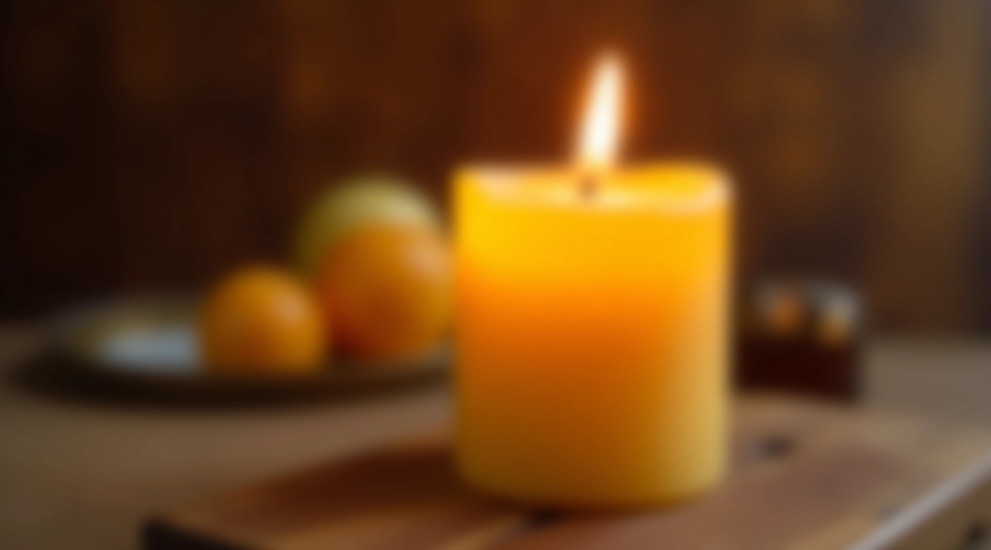 Hand-poured beeswax candle with wooden wick burning brightly, warm amber glow illuminating the room