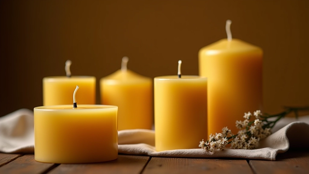 Beeswax candles arranged in a beautiful display with complementary home décor items on a wooden table