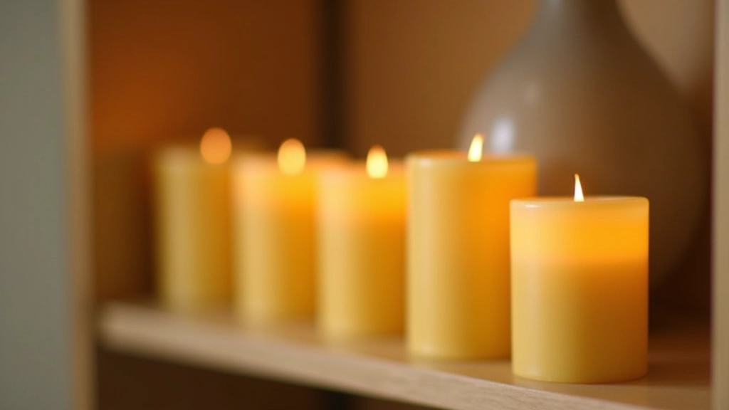Pillar candles of various sizes displayed on floating shelves creating a warm, inviting living room atmosphere