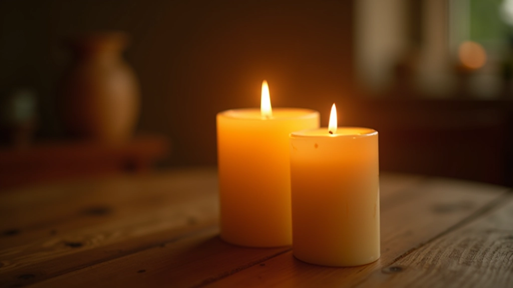 Wooden wick candle burning with a gentle crackling flame, creating a cozy fireplace-like ambiance