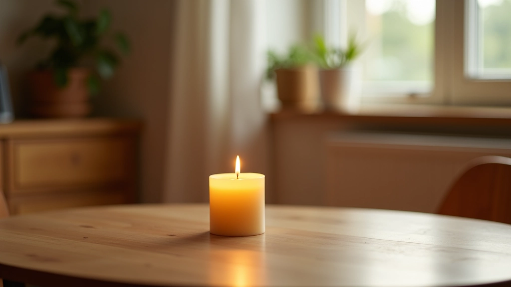 Wooden wick candle burning in a minimalist room setting, casting warm light on surrounding surfaces