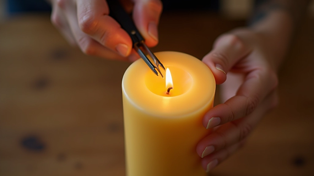 Hands trimming a wooden wick with small scissors, close-up view of candle care